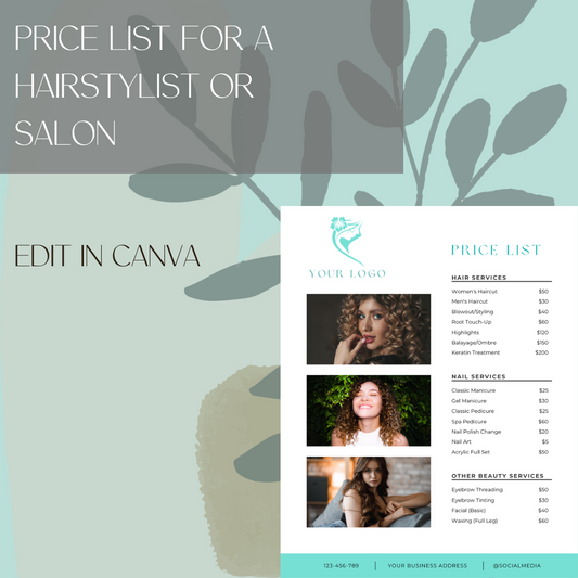 Price List Template for a Hairstylist or Hair Salon.