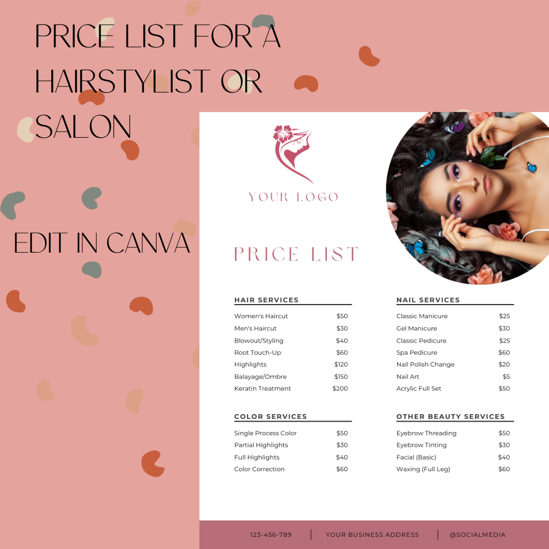 Price List Template for a Hairstylist or Hair Salon.